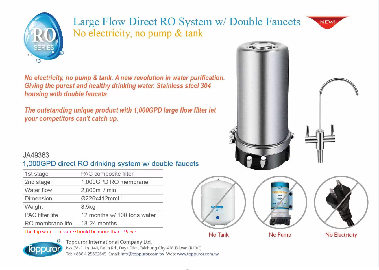 High Efficient 1,000GPD Direct Drinking RO System